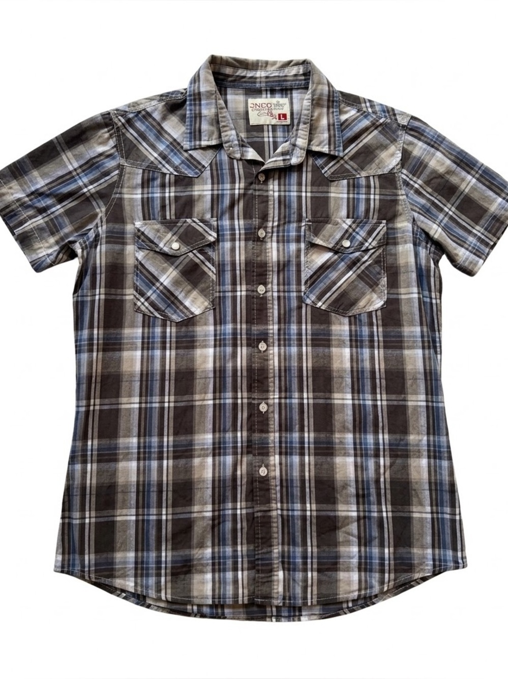 JNCO Crown Brand Y2K Plaid Western Shirt Men's Large Brown Blue Skater⁠